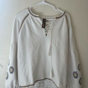 Anthropologie boho style cream sweater with embroidered details